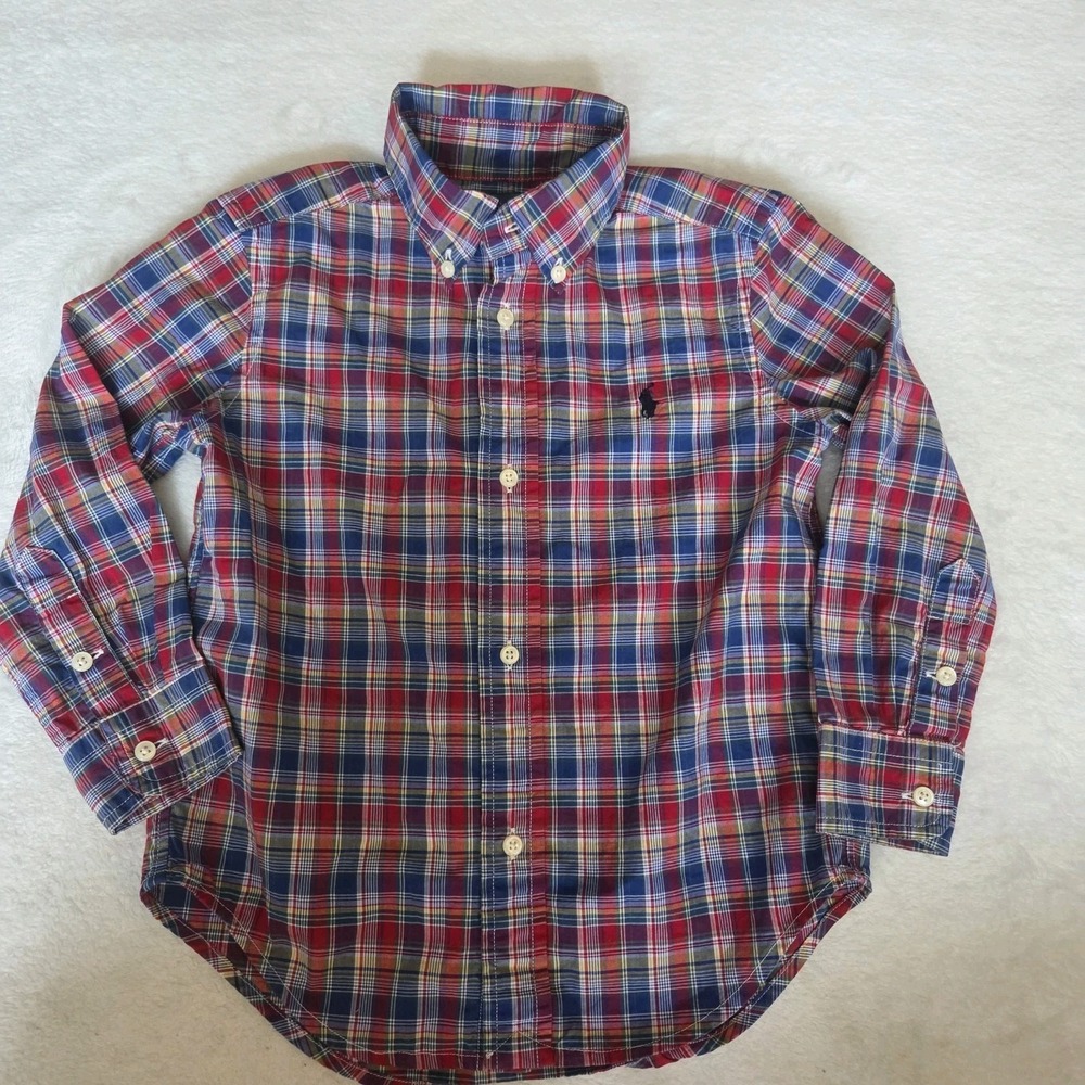 Vintage Ralph Lauren Red Blue Plaid Long Sleeve Button Shirt Boys 3T Kids